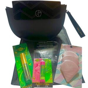 Wicked Lip Oil, Lip Balm 3 Makeup Puffs & Giorgio Armani Satin/Velvet Clutch NEW